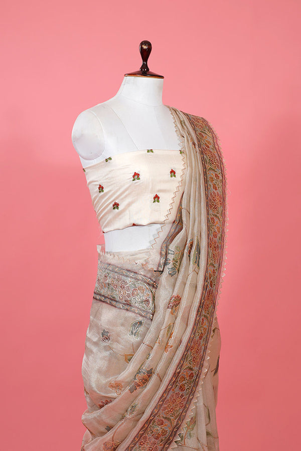 Silver White Floral Jaal Embellished Tissue Silk Saree