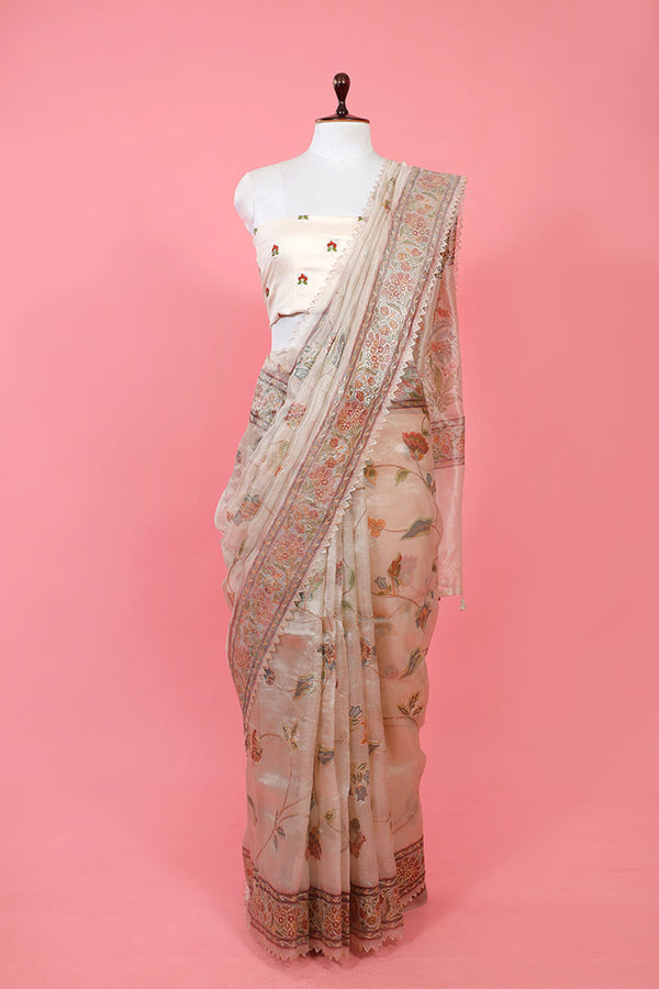 White Embellished Tissue Silk Saree By Chinaya Banaras