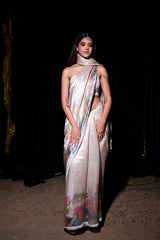 Pearl White Pichwai Printed Tissue Silk Saree - Chinaya Banaras