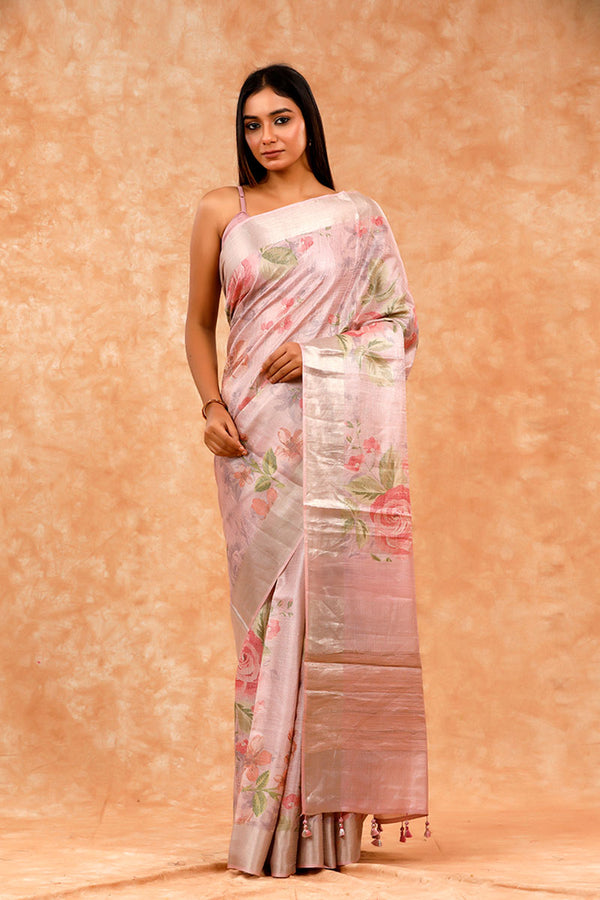 Mauve Floral Printed Tissue Silk Saree By Chinaya Banaras