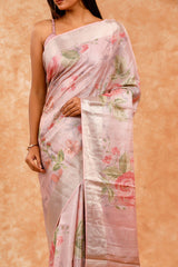 Mauve Floral Printed Tissue Silk Saree