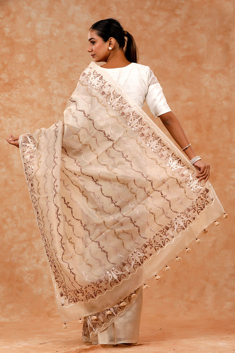 Beige Embroidered Tissue Silk saree