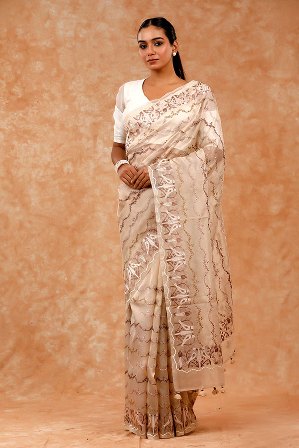 Beige Embroidered Tissue Silk saree By Chinaya Banaras