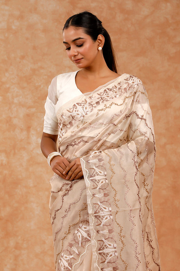 Beige Embroidered Tissue Silk saree