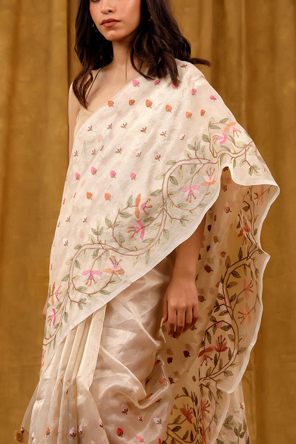 Off White Floral Embroidered Tissue Silk saree