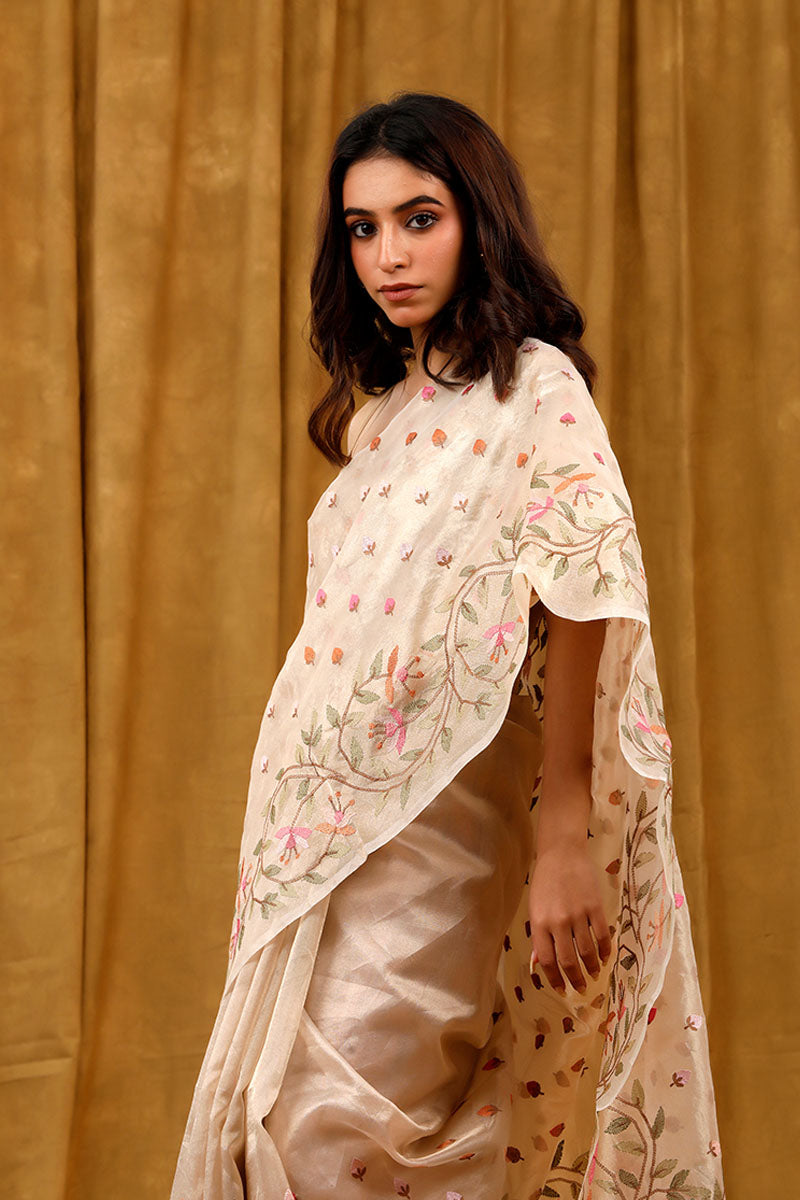 Off White Floral Embroidered Tissue Silk saree
