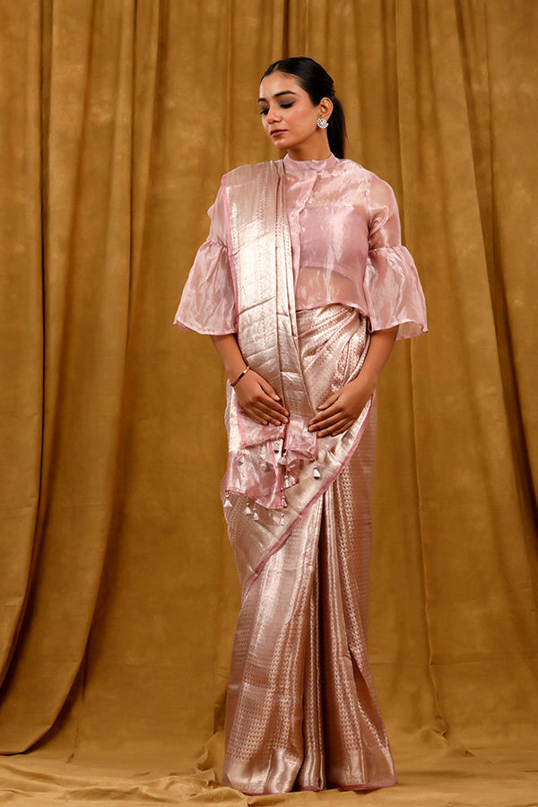 Pink Handwoven Tissue Silk Saree By Chinaya Banaras