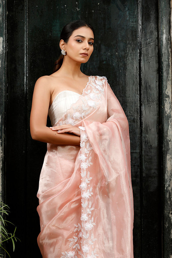 Peach Embellished Tissue Silk Saree