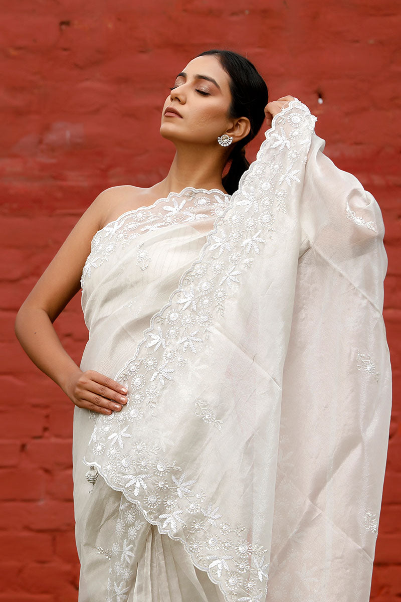 Snowy White Embellished Tissue Silk Saree