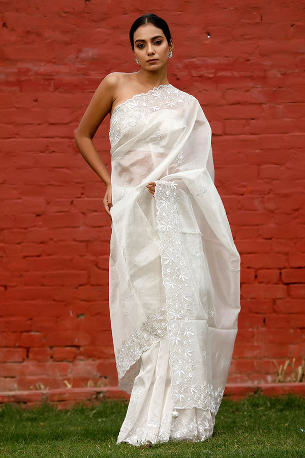 White Embellished Tissue Silk Saree By Chinaya Banaras
