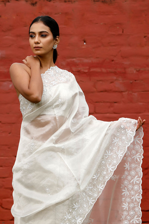 Snowy White Embellished Tissue Silk Saree