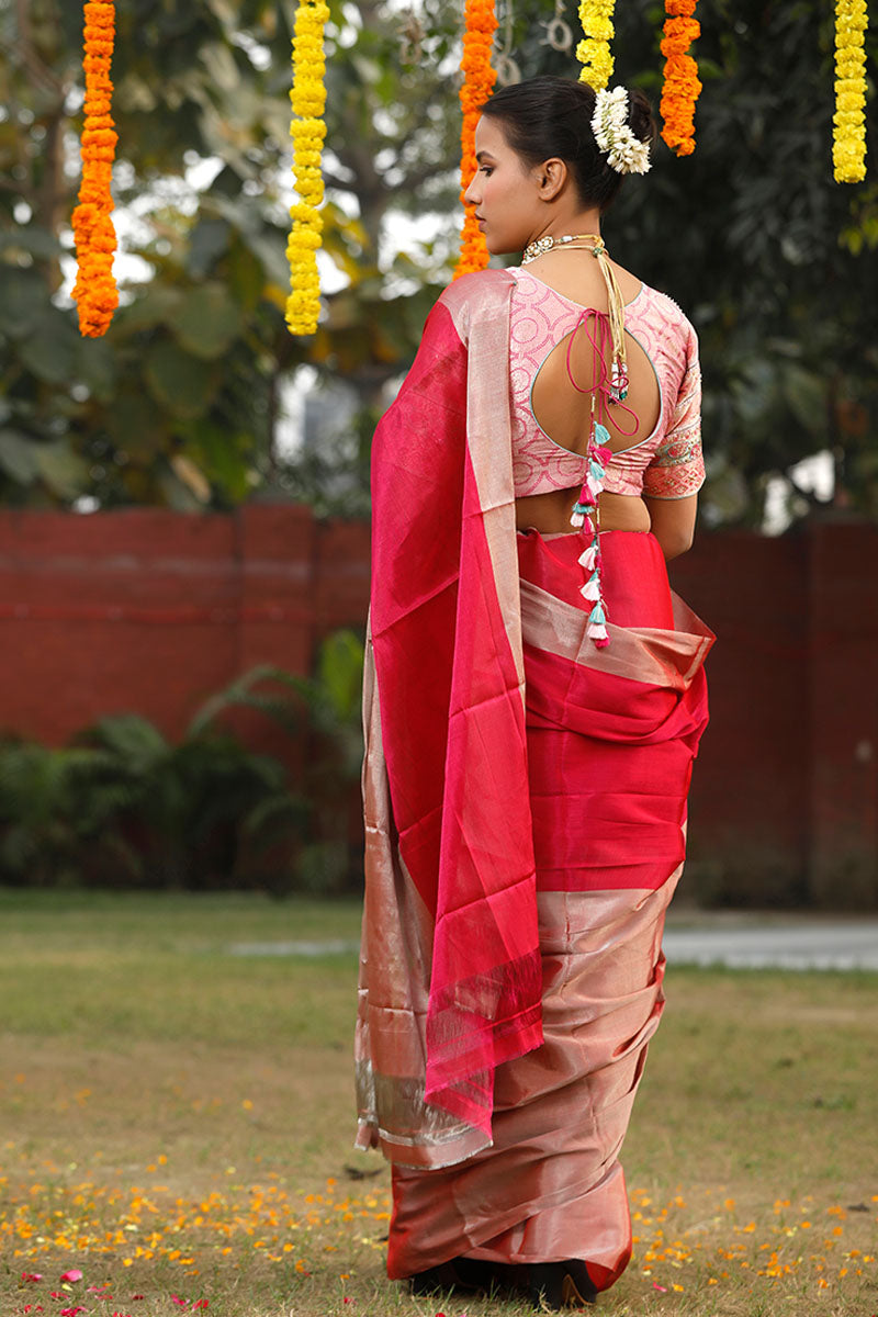 Magenta Pink Woven Tissue Silk Banarasi Saree