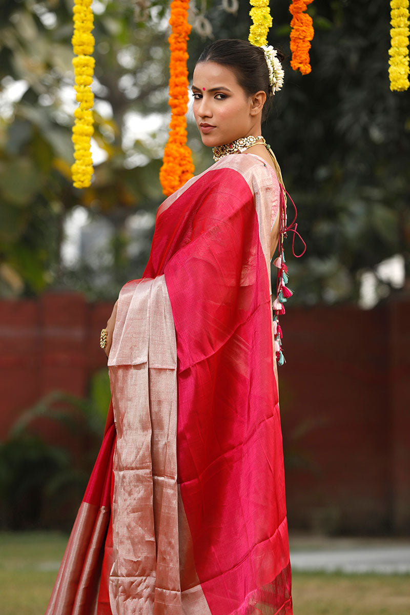 Magenta Pink Woven Tissue Silk Saree