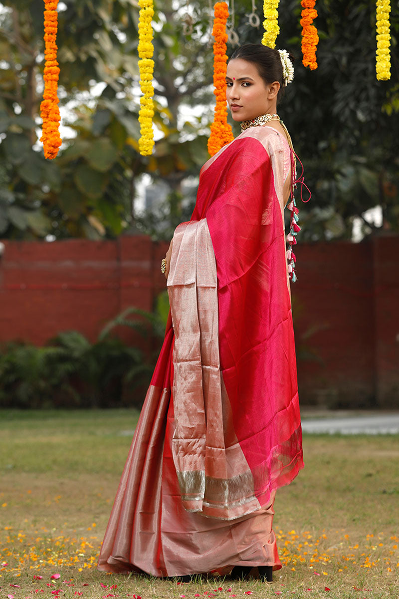 Magenta Pink Woven Tissue Silk Saree