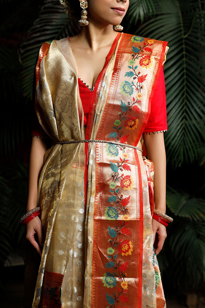 Cream Yellow Paithani Woven Tissue Silk Saree