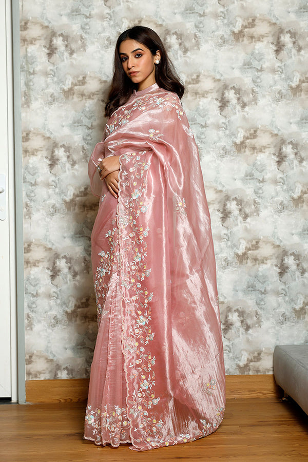 Pink Embellished Tissue Silk Saree by Chinaya Banaras