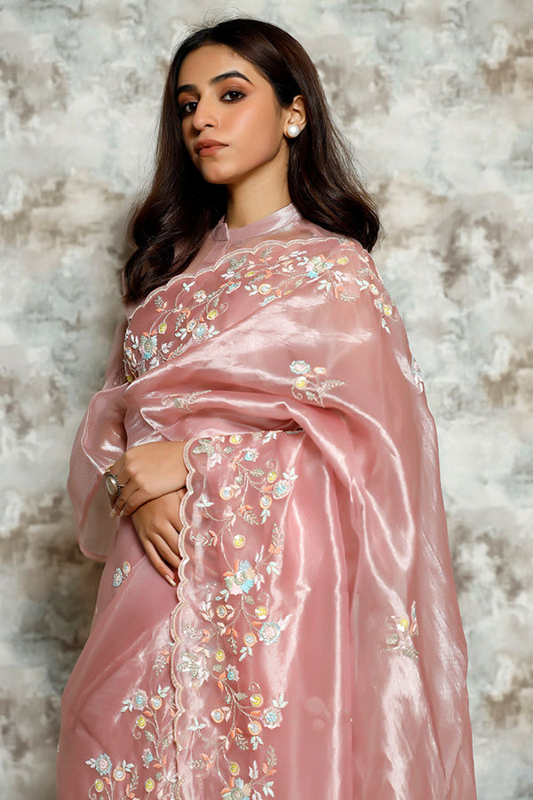 Baby Pink Embellished Tissue Silk Saree