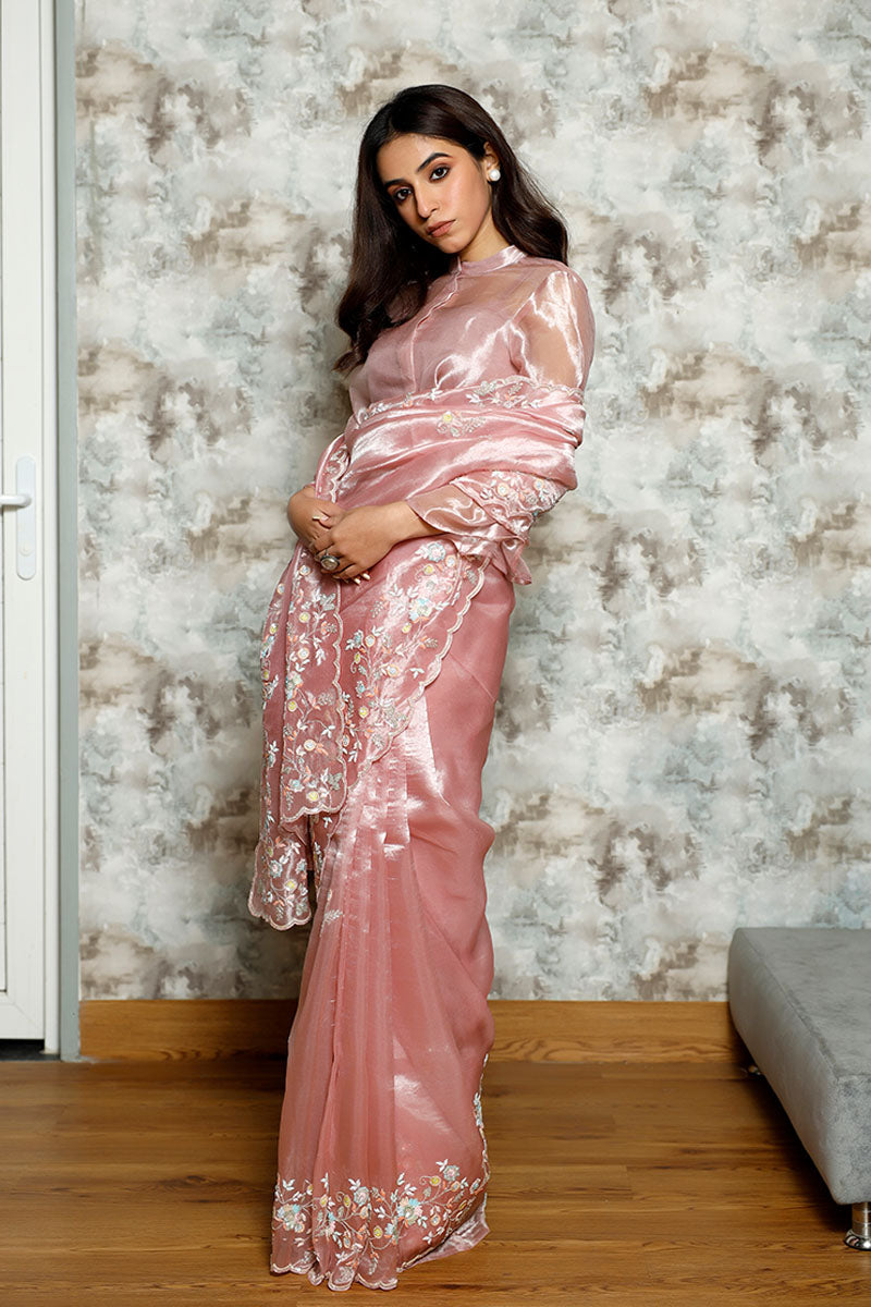 Baby Pink Embellished Tissue Silk Saree