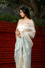 White & Blue Embellished Tissue Silk Saree