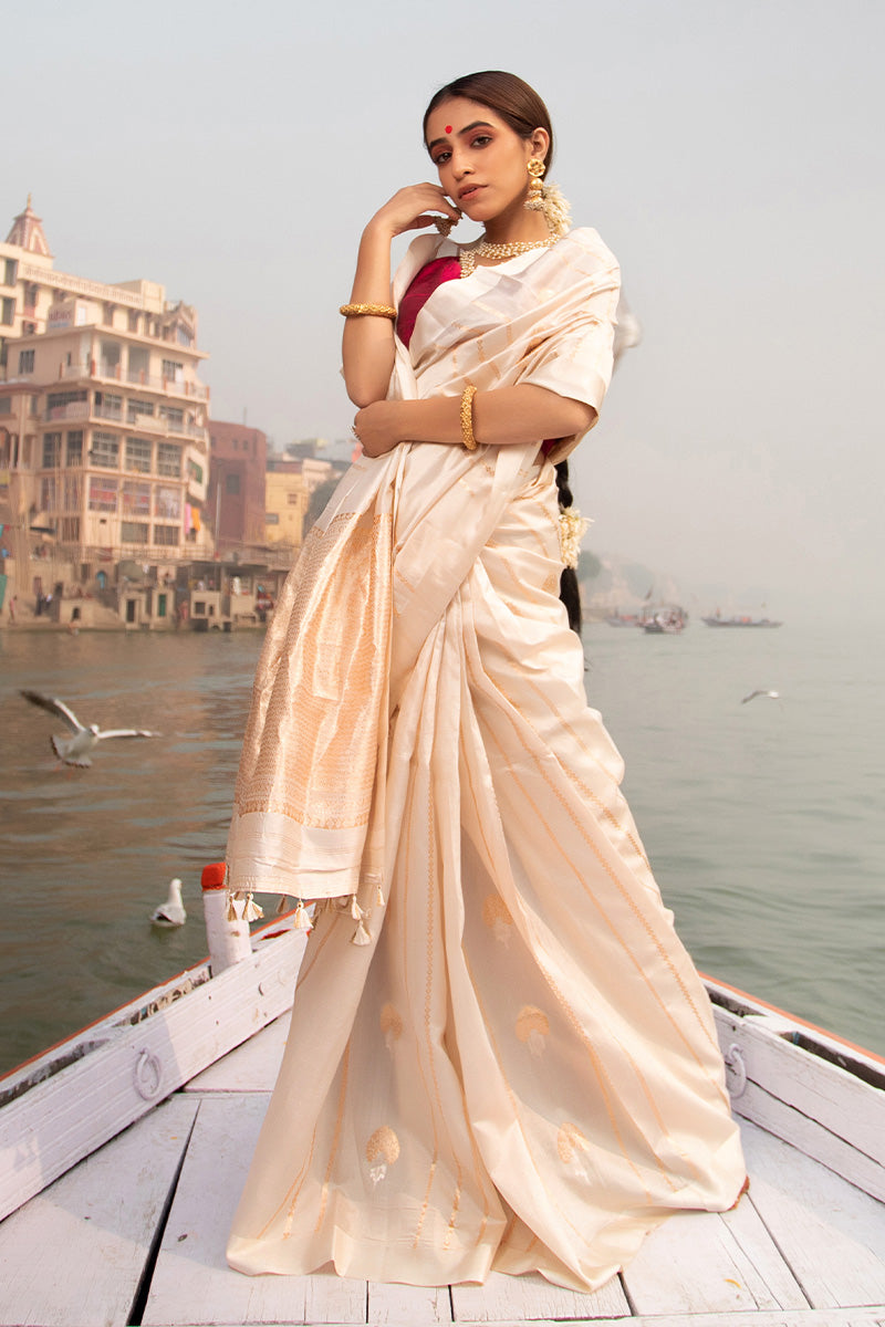 Women In White Handwoven Chiniya Silk Saree At Chinaya Banaras