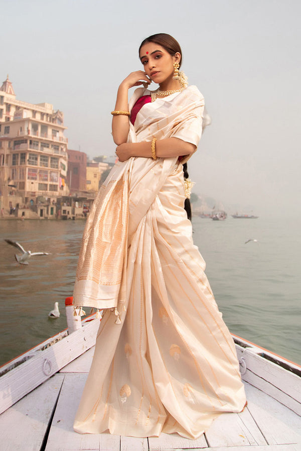 Off White Saree, Beige Saree, Banarasi Silk Saree, Banarasi saree, white saree for wedding saree, handloom saree