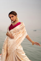 Pearl White Sonarupa Handwoven Banarasi Silk Saree - Chinaya Banaras