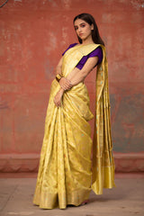 Lime Green Floral Jaal Woven Chiniya Silk Saree - Chinaya Banaras