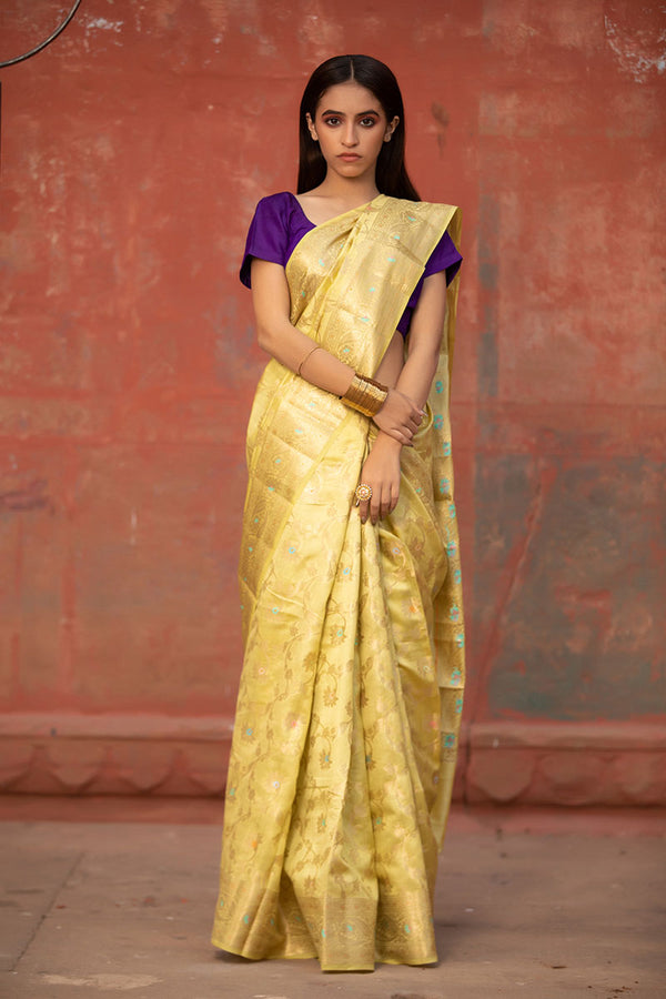 Lime Green Floral Jaal Woven Chiniya Silk Saree for Pary