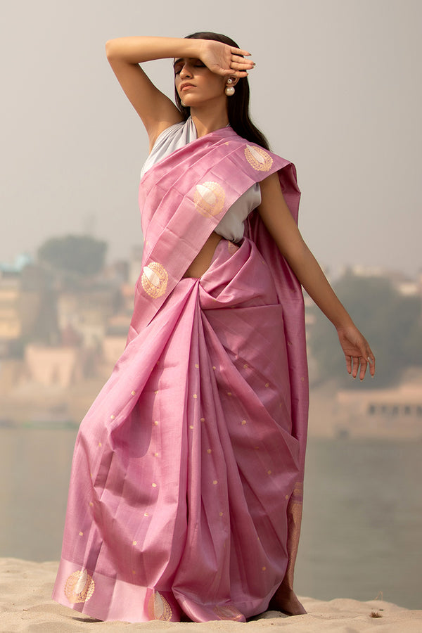 Women In Pink Handwoven Chiniya Silk Saree At Chinaya Banaras