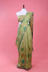 Green Rangkat Woven Chiniya Silk Saree At Chinaya Banaras