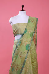 Pista Green Geometrical Rangkat Woven Chiniya Silk Saree - Chinaya Banaras