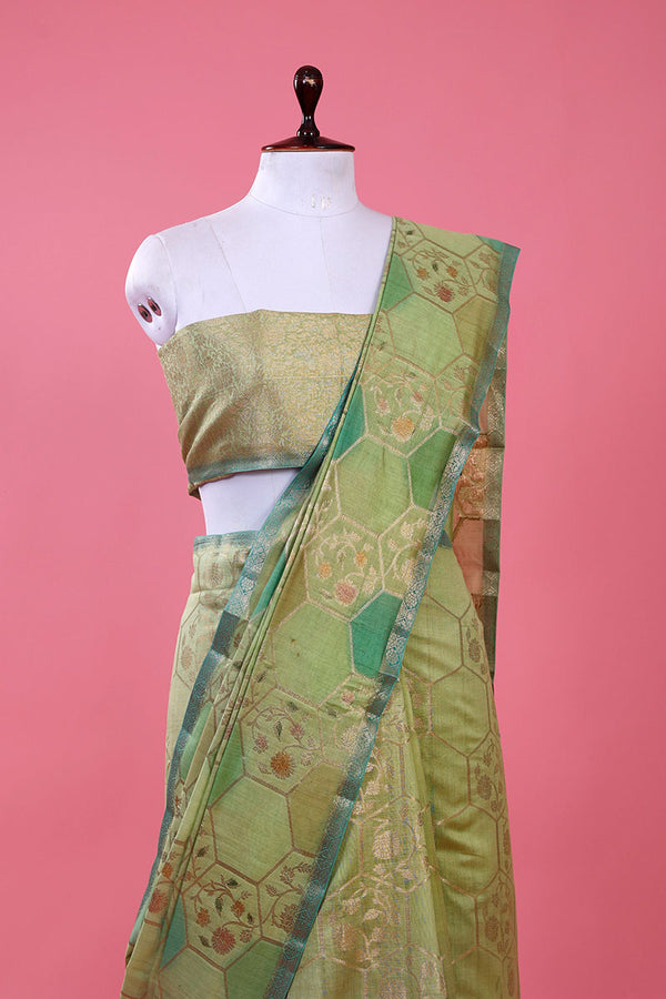 Pista Green Geometrical Rangkat Woven Chiniya Silk Saree - Chinaya Banaras