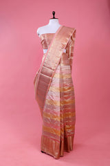 Rose Gold Striped Rangkat Woven Chiniya Silk Saree At Chinaya Banaras