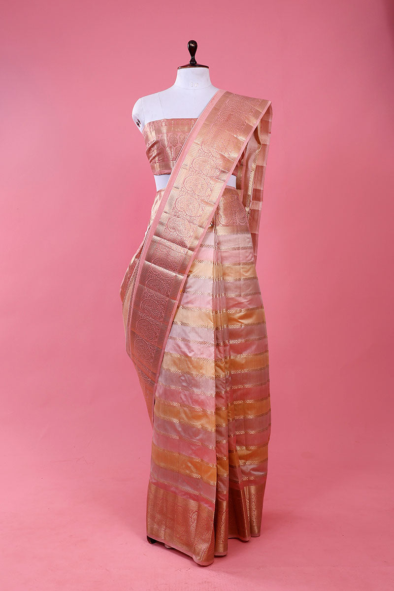Rose Gold Striped Rangkat Woven Chiniya Silk Saree At Chinaya Banaras