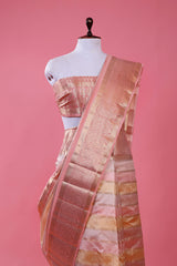 Rose Gold Striped Rangkat Woven Chiniya Silk Saree - Chinaya Banaras
