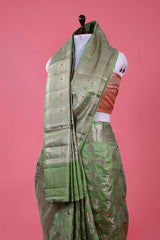 Sage Green Floral Jaal Woven Chiniya Silk Saree - Chinaya Banaras