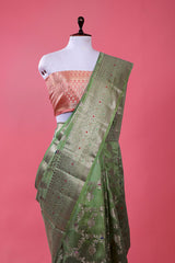 Sage Green Floral Jaal Woven Chiniya Silk Saree - Chinaya Banaras