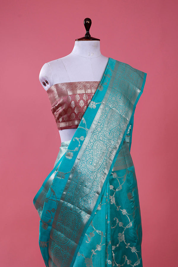 Sky Blue Floral Jaal Woven Chiniya Silk Saree - Chinaya Banaras