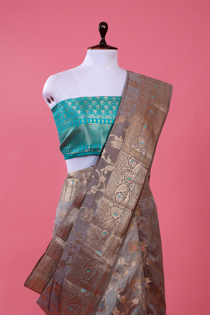 Grey Floral Jaal Woven Chiniya Silk Saree - Chinaya Banaras