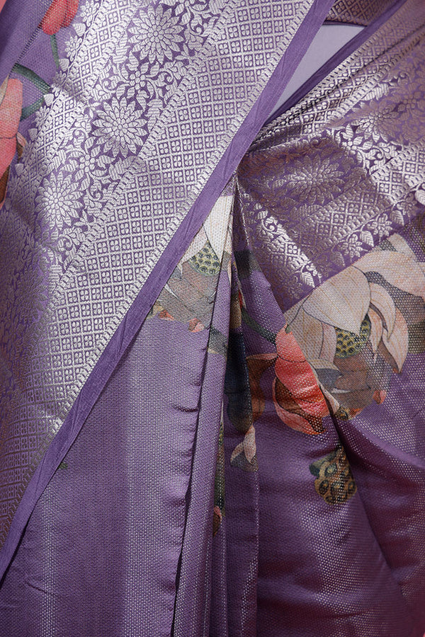 Lilac Pichwai Printed Woven Chiniya Silk Saree