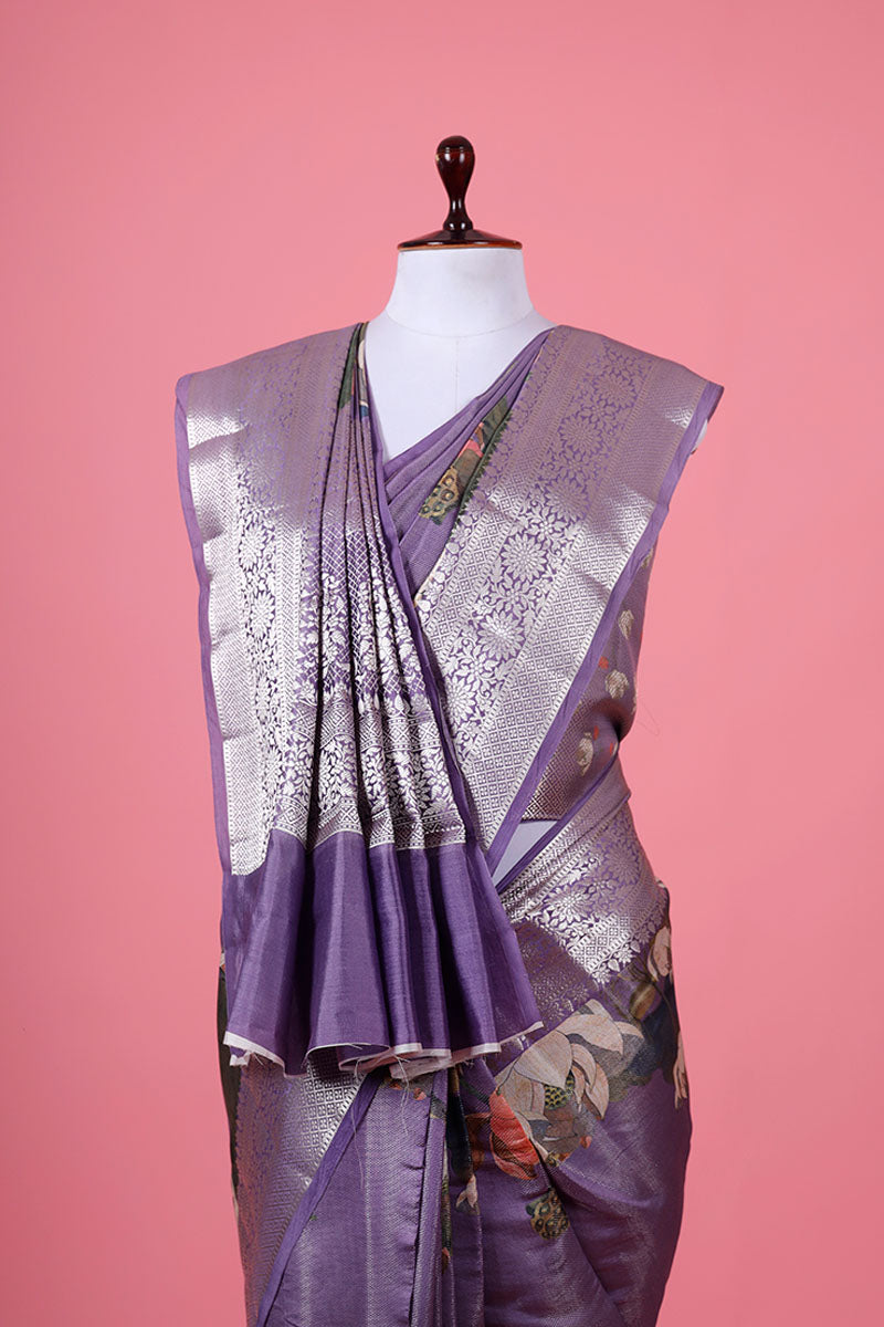 Lilac Pichwai Printed Woven Chiniya Silk Saree