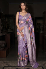 Lilac Pichwai Printed Woven Chiniya Silk Saree