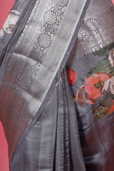Steel Grey Pichwai Printed Woven Chiniya Silk Saree