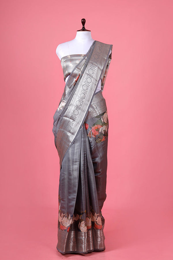 Grey Pichwai Chiniya Silk Saree By Chinaya Banaras