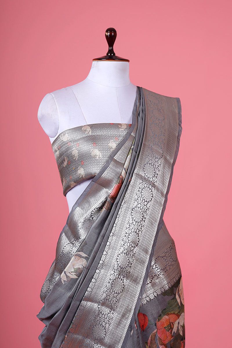 Steel Grey Pichwai Printed Woven Chiniya Silk Saree