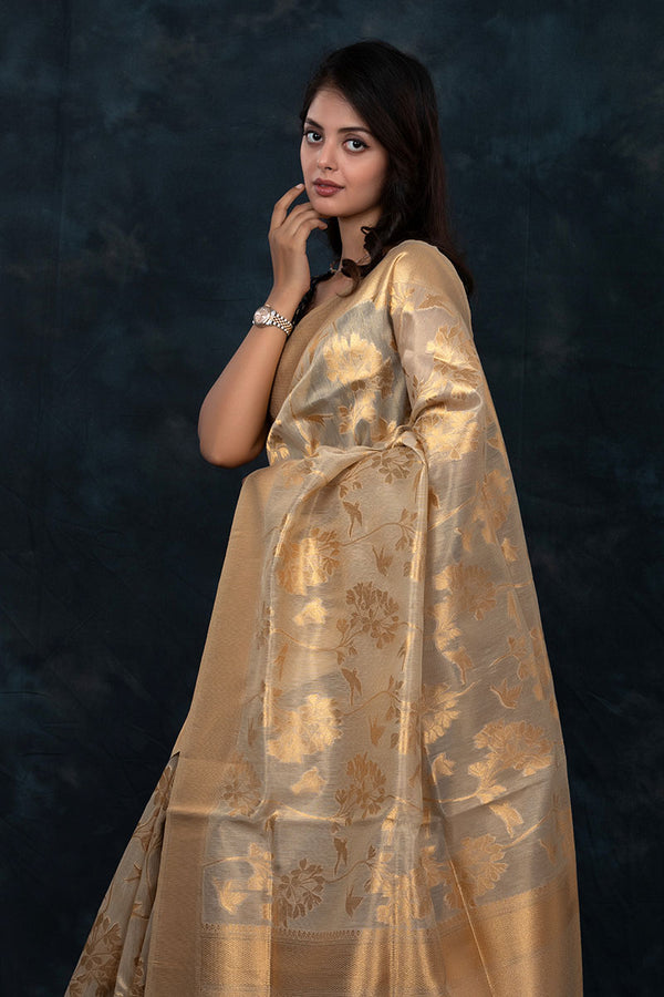 Golden Beige Floral Jaal Woven Banarasi Cotton Saree - Chinaya Banaras