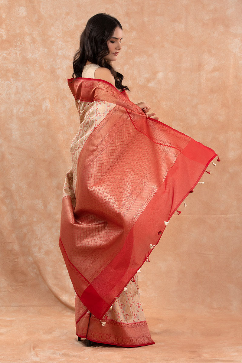 Pastel Ivory Woven Casual Silk Saree - Chinaya Banaras