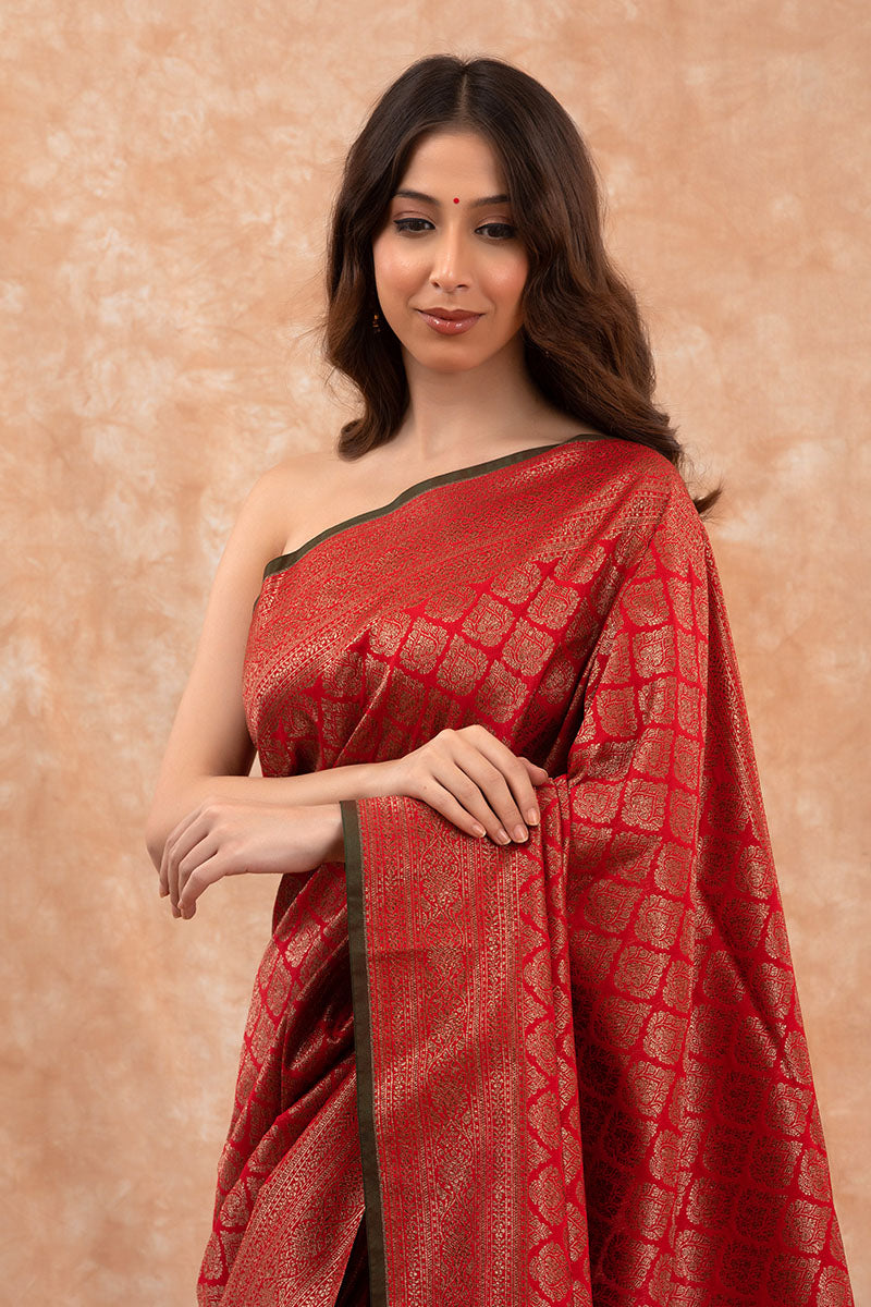 Vermillion Red Ethnic Woven Casual Silk Saree - Chinaya Banaras