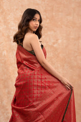 Vermillion Red Ethnic Woven Casual Silk Saree