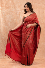 Vermillion Red Ethnic Woven Casual Silk Saree - Chinaya Banaras